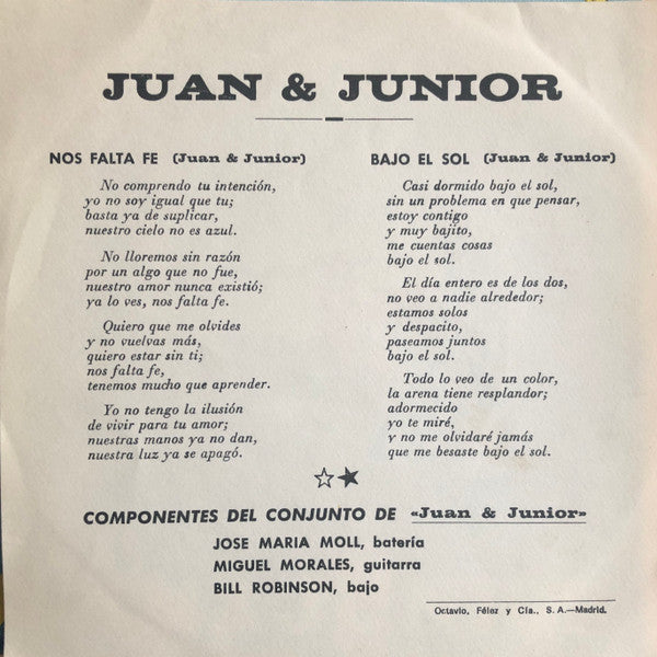 Juan & Junior : Bajo El Sol / Nos Falta Fe  (7", Single)