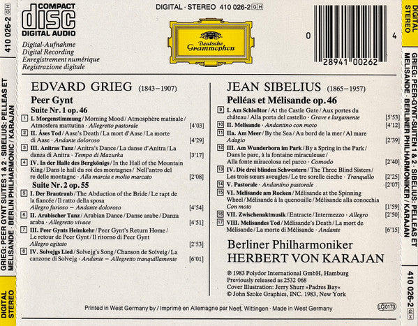 Edvard Grieg, Jean Sibelius, Berliner Philharmoniker · Herbert von Karajan : Peer Gynt Suites 1 & 2 / Pelléas Et Mélisande (CD, RE)