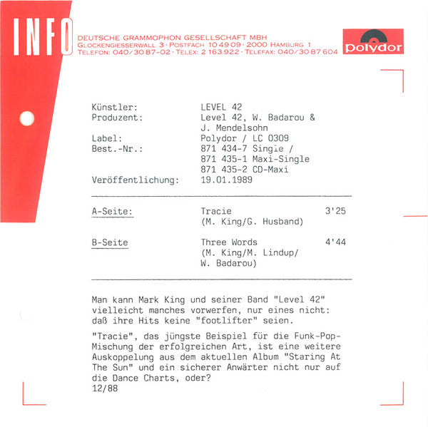 Level 42 : Tracie (7", Single)