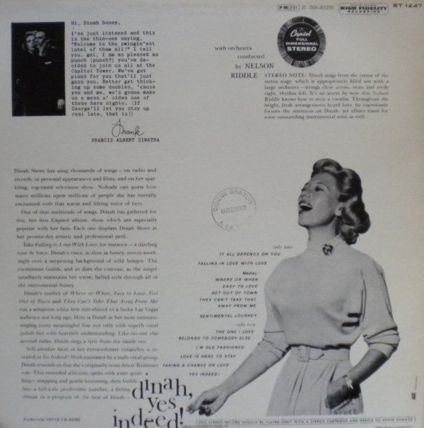 Dinah Shore : Dinah, Yes Indeed! (LP, Album, RE)