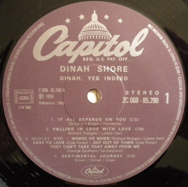Dinah Shore : Dinah, Yes Indeed! (LP, Album, RE)