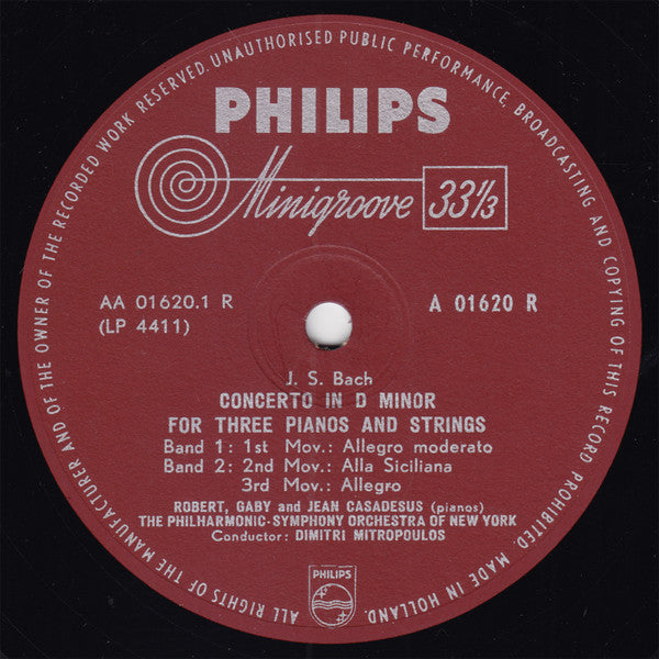 Johann Sebastian Bach, Robert Casadesus, Gaby Casadesus, Jean Casadesus, Philharmonic-Symphony Orchestra Of New York, Dimitri Mitropoulos : Concerto In D Minor For Three Pianos And Strings, French Suite No. 6 In E Major (10", Album)