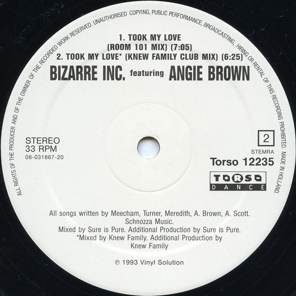 Bizarre Inc Featuring. Angie Brown : Took My Love (12")