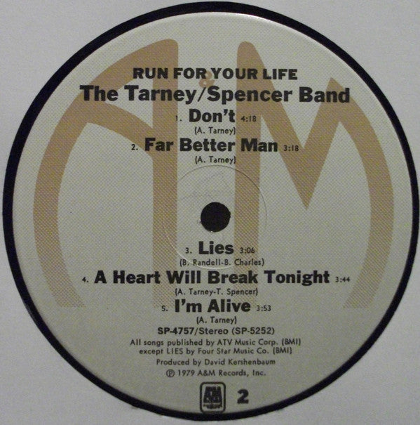 The Tarney/Spencer Band : Run For Your Life (LP, Album)