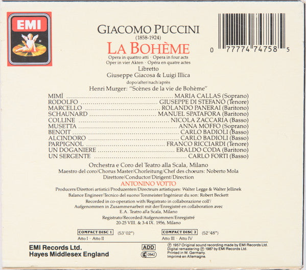 Giacomo Puccini : Orchestra Del Teatro Alla Scala E Coro Del Teatro Alla Scala Conductor: Antonino Votto Vocals: Maria Callas, Giuseppe di Stefano, Rolando Panerai, Anna Moffo : La Bohème (2xCD, Album, Mono, RE, RM + Box, + B)