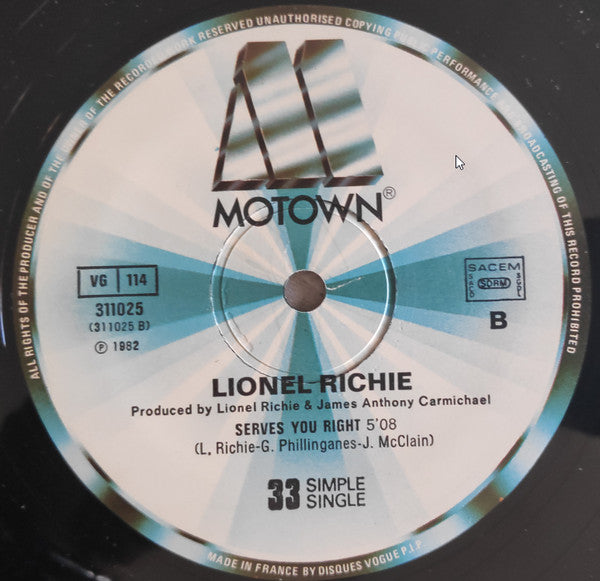 Lionel Richie : Running With The Night / Serves You Right (12")