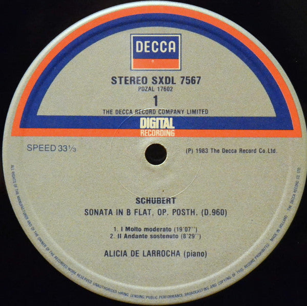 Franz Schubert - Alicia De Larrocha : Piano Sonata B Flat, D.960 • Moment Musical No.6, D.780 (LP, Album)