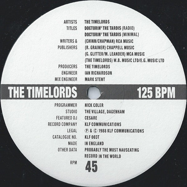 The Timelords : Doctorin' The Tardis (12", Single, Bar)