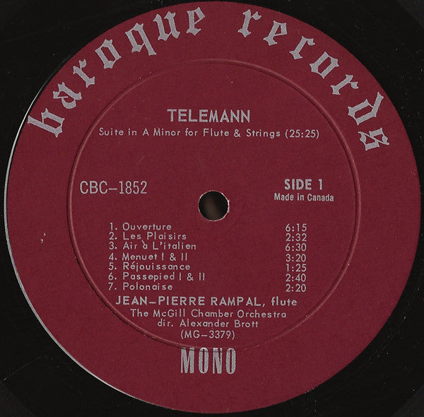 Georg Philipp Telemann, McGill Chamber Orchestra, Jean-Pierre Rampal, Alexander Brott : Suite In A Minor For Flute And Strings / Don Quixote Suite (LP, Album, Mono)