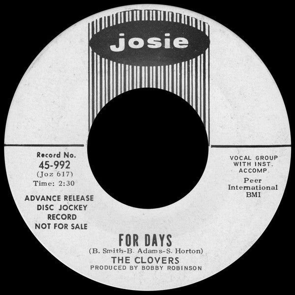 The Clovers : Too Long Without Some Loving / For Days (7", Single, Promo)