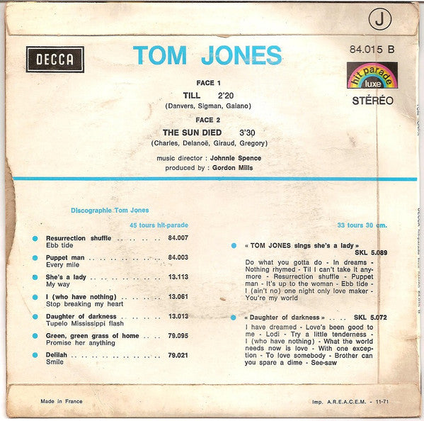 Tom Jones : Till (7", Single, Blu)