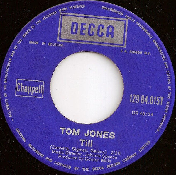 Tom Jones : Till (7", Single, Blu)