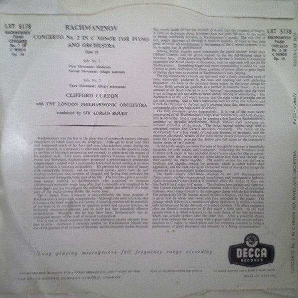 Clifford Curzon With London Philharmonic Orchestra Conducted By Sir Adrian Boult, Sergei Vasilyevich Rachmaninoff : Piano Concerto No.2 In C Minor (LP, Mono)