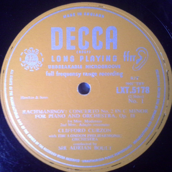 Clifford Curzon With London Philharmonic Orchestra Conducted By Sir Adrian Boult, Sergei Vasilyevich Rachmaninoff : Piano Concerto No.2 In C Minor (LP, Mono)