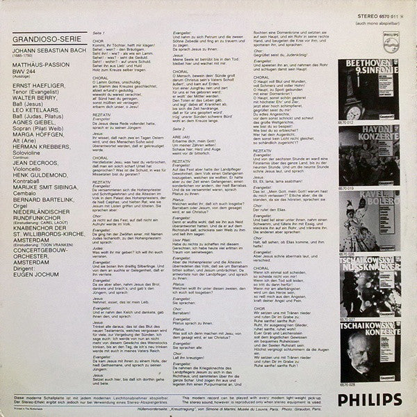 Johann Sebastian Bach, Concertgebouworkest, Eugen Jochum, Agnes Giebel, Marga Höffgen, Ernst Haefliger, Walter Berry, Groot Omroepkoor : Matthäus-Passion (LP, RE)