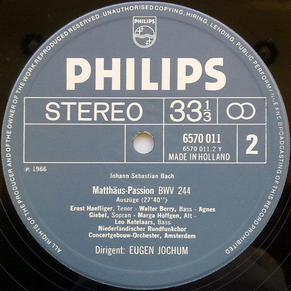 Johann Sebastian Bach, Concertgebouworkest, Eugen Jochum, Agnes Giebel, Marga Höffgen, Ernst Haefliger, Walter Berry, Groot Omroepkoor : Matthäus-Passion (LP, RE)