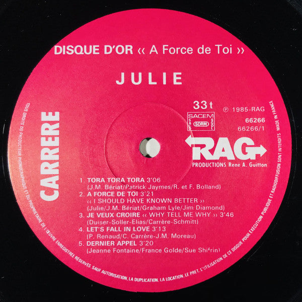 Julie : Disque D'Or "A Force De Toi" (LP, Comp)