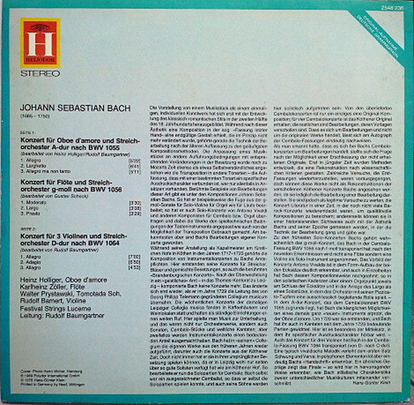 Johann Sebastian Bach, Festival Strings Lucerne, Rudolf Baumgartner : Konzerte Flöte - Oboe - 3 Violinen (LP, Album, RE)