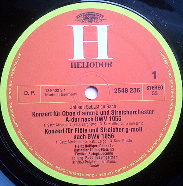 Johann Sebastian Bach, Festival Strings Lucerne, Rudolf Baumgartner : Konzerte Flöte - Oboe - 3 Violinen (LP, Album, RE)