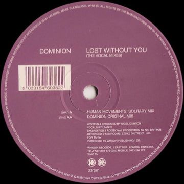 Dominion : Lost Without You (The Vocal Mixes) (12")