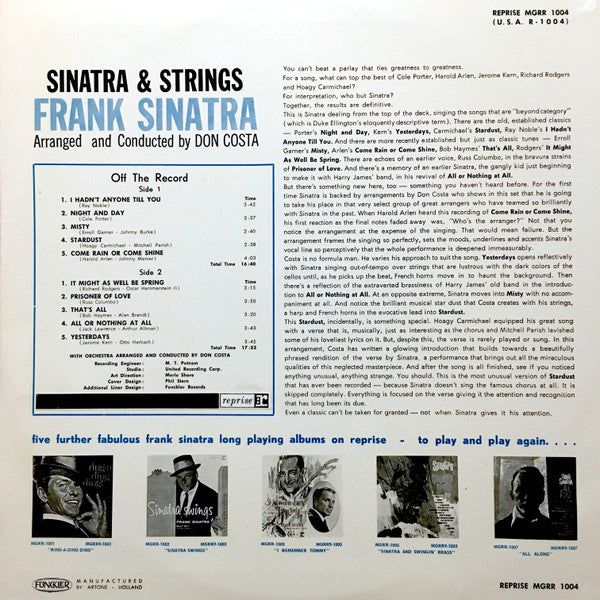 Frank Sinatra : Sinatra & Strings (LP, Album, Mono)