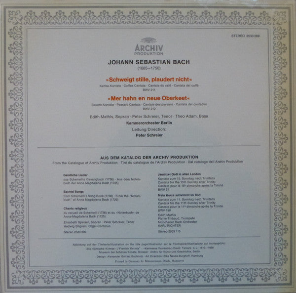 Johann Sebastian Bach - Edith Mathis · Peter Schreier · Theo Adam, Kammerorchester Berlin : Kaffee-Kantate • Bauern-Kantate (LP)