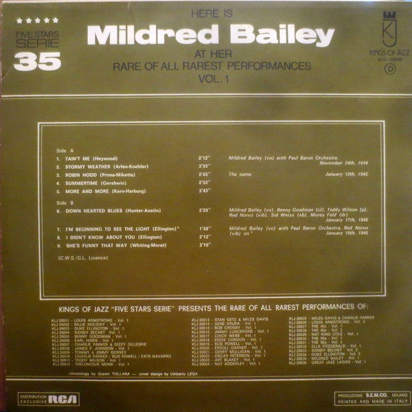 Mildred Bailey : Here Is Mildred Bailey At Her Rare Of All Rarest Performances Vol. 1 (LP, Comp)
