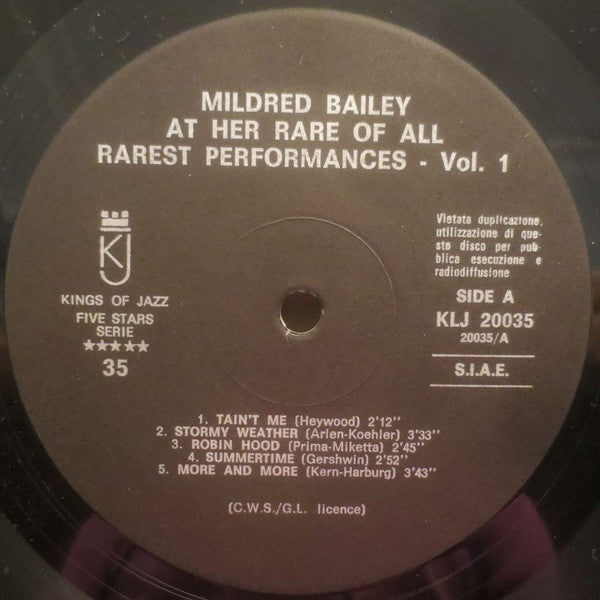 Mildred Bailey : Here Is Mildred Bailey At Her Rare Of All Rarest Performances Vol. 1 (LP, Comp)
