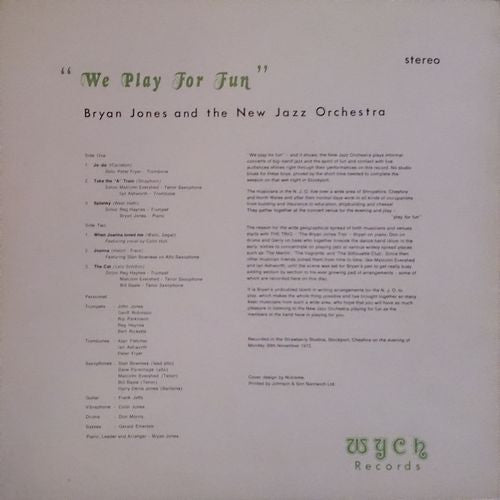 Bryan Jones & The New Jazz Orchestra : We Play For Fun (LP)