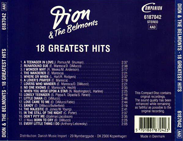 Dion & The Belmonts : 18 Greatest Hits (CD, Comp)