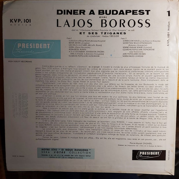 Boross Lajos És Zenekara, Andor Treger : Diner A Budapest (LP, Mono)