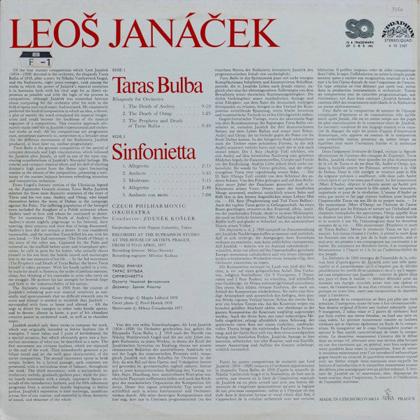 Leoš Janáček, Czech Philharmonic Orchestra*, Zdeněk Košler : Taras Bulba / Sinfonietta (LP, Album, Quad)