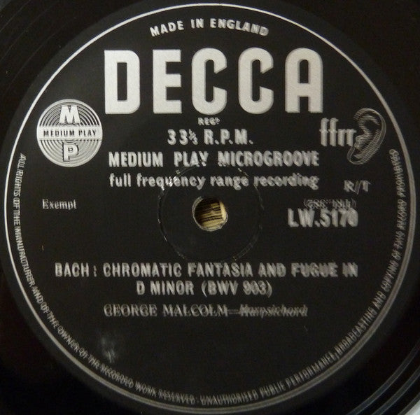 Johann Sebastian Bach, George Malcolm : Italian Concerto In F Major (BWV 971) / Chromatic Fantasia & Fugue In D Minor (BWV 903) (10", Mono)