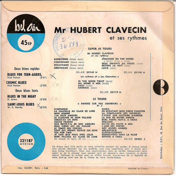 Monsieur Hubert Clavecin Et Ses Rythmes : Blues & Hully Gully (7", EP)