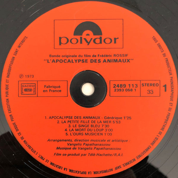 Vangelis : L'Apocalypse Des Animaux (LP, Album, RE)