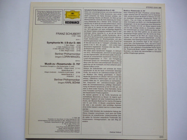 Franz Schubert - Lorin Maazel, Karl Böhm, Berliner Philharmoniker : Symphony Nr. 5 B-dur / Musik Zu "Rosamunde" (LP, Comp, RE)