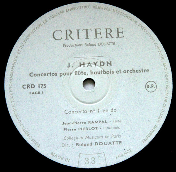 Joseph Haydn - Jean-Pierre Rampal, Pierre Pierlot, Collegium Musicum De Paris Direction Roland Douatte : Intégrale Des 5 Concertos Pour Flute, Hautbois Et Orchestre (Concertos Nos 1 Et 5 Volume 1) (LP, Album, Mono, Vel)