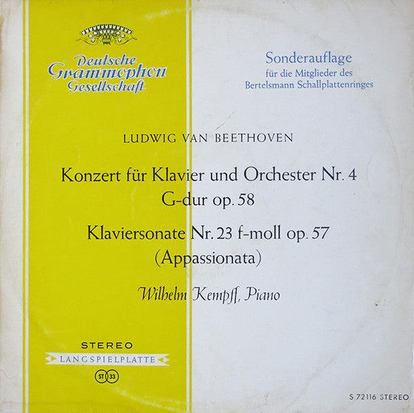 Ludwig Van Beethoven, Wilhelm Kempff : Konzert Für Klavier Und Orchester Nr. 4 G-dur Op. 58 / Klaviersonate Nr. 23 F-moll Op. 57 (Appassionata) (LP, Club, RE)