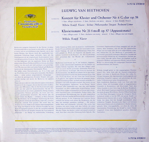 Ludwig Van Beethoven, Wilhelm Kempff : Konzert Für Klavier Und Orchester Nr. 4 G-dur Op. 58 / Klaviersonate Nr. 23 F-moll Op. 57 (Appassionata) (LP, Club, RE)