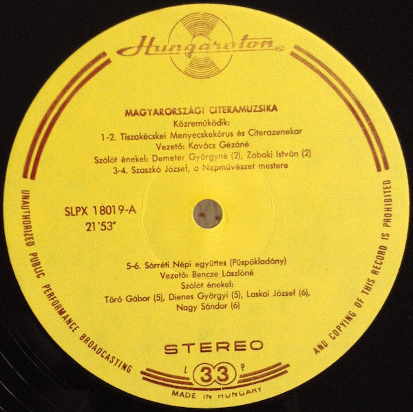 Various : Hungarian Zither Music / Magyarországi Citeramuzsika (LP)