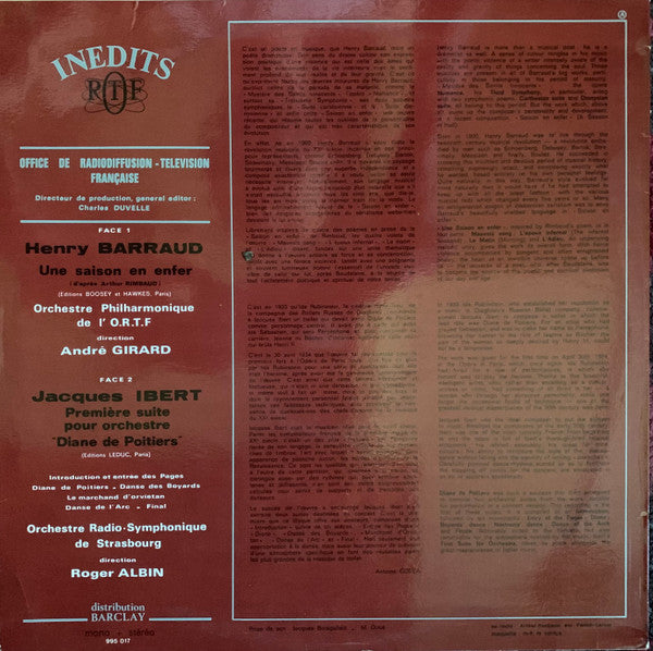 Henry Barraud / Jacques Ibert : Une Saison En Enfer / Première Suite Pour Orchestre "Diane De Poitiers" (LP)