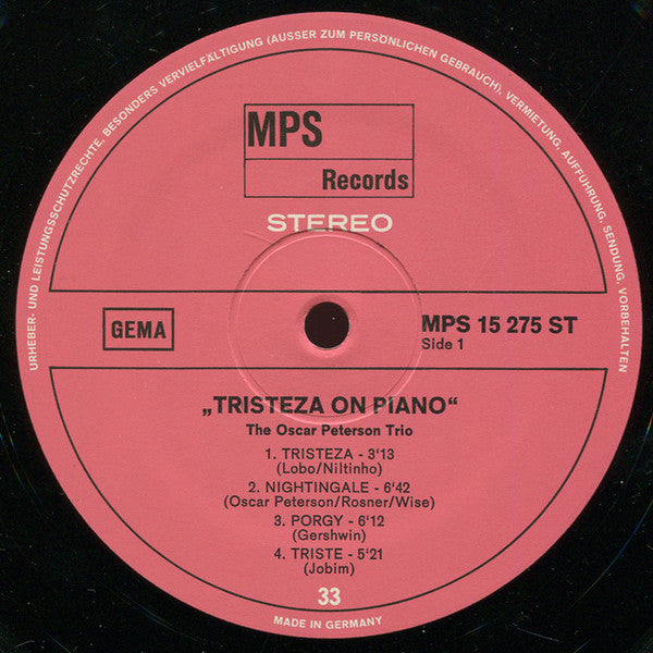 Oscar Peterson Trio* : Tristeza On Piano (LP, Album, Gat)