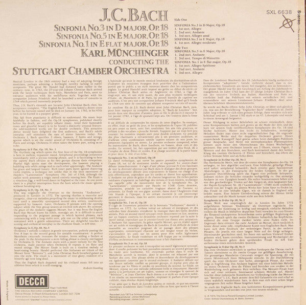 Johann Christian Bach, Stuttgarter Kammerorchester, Karl Münchinger : Sinfonias For Double Orchestra Opus 18 Number 1,3 & 5 (LP)