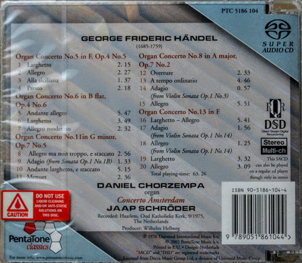 Georg Friedrich Händel / Daniel Chorzempa, Concerto Amsterdam, Jaap Schröder : Organ Concertos - Nos. 5, 6, 8, 11 & 13 - Vol. 2 (SACD, Hybrid, Multichannel, Album, Quad)