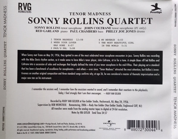 Sonny Rollins Quartet : Tenor Madness (CD, Album, RE, RM, RP)