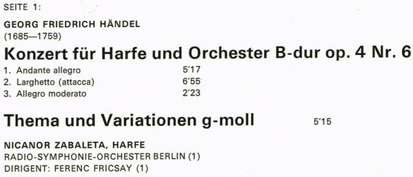 Georg Friedrich Händel • Johann Sebastian Bach • Arcangelo Corelli –  Nicanor Zabaleta, Radio-Symphonie-Orchester Berlin, Ferenc Fricsay : Nicanor Zabaleta • Harfe (LP, Comp)