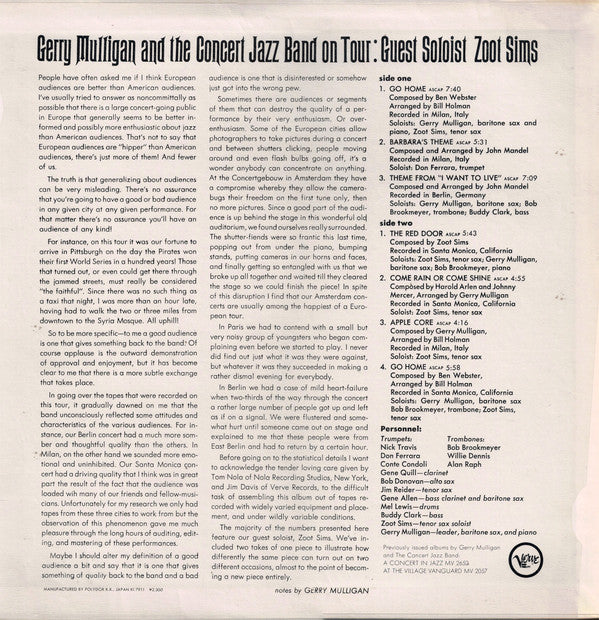 Gerry Mulligan And The Concert Jazz Band* Guest Soloist: Zoot Sims : Gerry Mulligan And The Concert Jazz Band On Tour (LP, Album, RE)