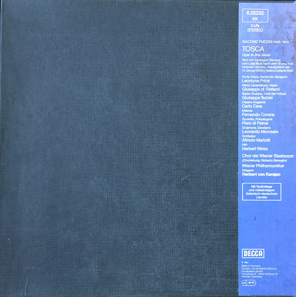 Giacomo Puccini ; Leontyne Price, Di Stefano*, Taddei*, Corena*, Wiener Philharmoniker, Herbert von Karajan : Tosca (2xLP, RE + Box)