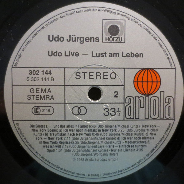 Udo Jürgens : Udo Live - Lust Am Leben (2xLP, Album)