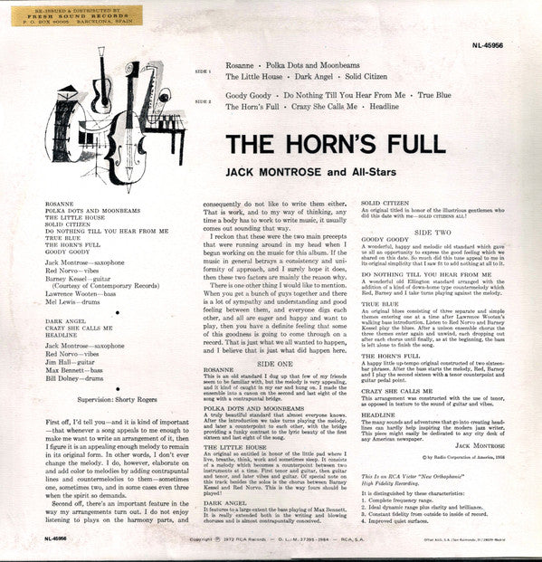 Jack Montrose And All-Stars*, Red Norvo : The Horn's Full (LP, Album, RE)